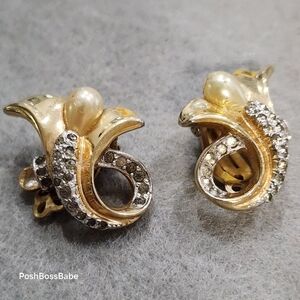 Vintage Signed Kramer Clip-On Earrings with Rhinestones and Pearls